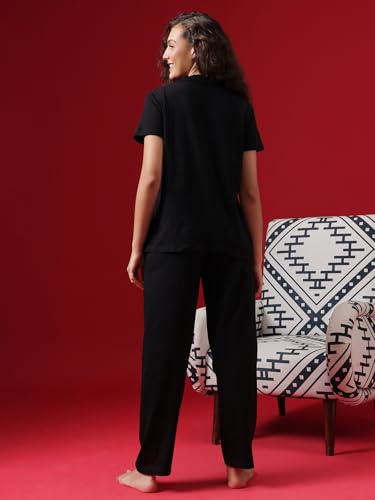 Image of Clovia Women's Cotton Printed Button Down Shirt & Pyjama Night Suit Set
