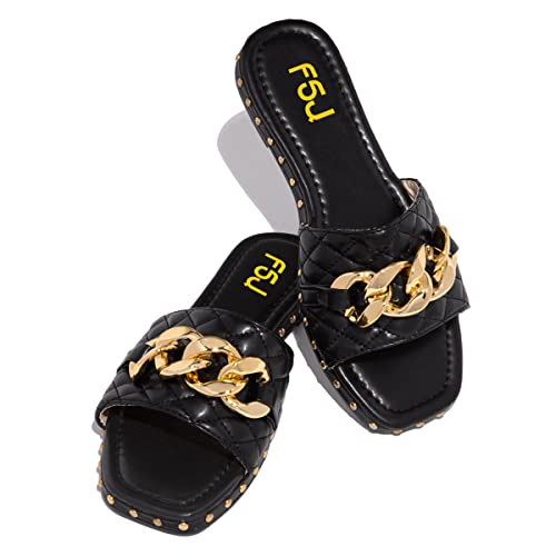 FSJ Women Sexy Square Open Toe Comfortable Flat Thick Sole Cushion Sandals Fashion Gold Chain Style Slip On Slides Studded Daily Ladies Summer Shoes Size 4-15 US