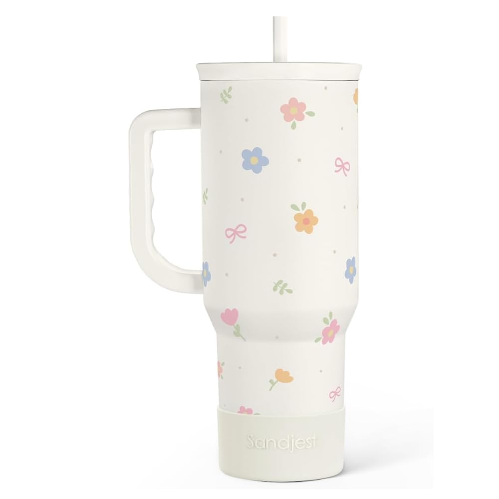 Floral 40oz Slider Tumbler with Handle and Straw - Insulated Stainless Steel Travel Coffee Mug for Women Girls, Gift for Birthday Christmas