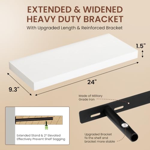 Image of Dreamland 24 Inches Floating Shelves for Wall,9.3 inch Deep Long Floating Shelves Set of 2,Large Display & Storage Shelf,Wall Shelf for Bathroom Bedroom Living Room Kitchen Office,White