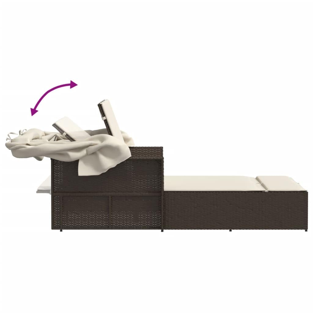 Letto matrimoniale da esterno con baldacchino e cuscini, mobili da giardino regolabili in rattan marrone, chaise longue per rilassarsi e prendere il sole