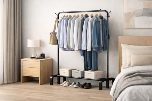 Image of Raawan Heavy Duty Double Rod Clothes Rack with Side Storage Shelves | Metal Garment Stand Organizer | Space Saving Cloth Hanger Stand for Bedroom, Living Room & PG (1 LAYER BLACK)