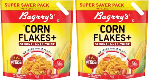 Image of Bagrry's Corn Flakes Plus 1.2kg | Original and Healthier | Low Fat & Cholesterol | Added Fibre | Toasted & Crunchy Prebiotic Breakfast Cereal | No Added Preservatives (Pack of 2)