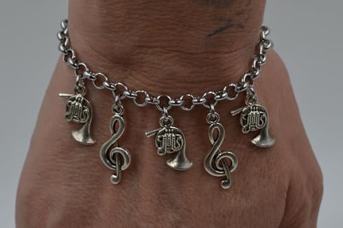 Image of Adjustable 8.5 inch Stainless Steel Bracelet French Horn Treble Clef Personalize with Clip on Charms 68Q