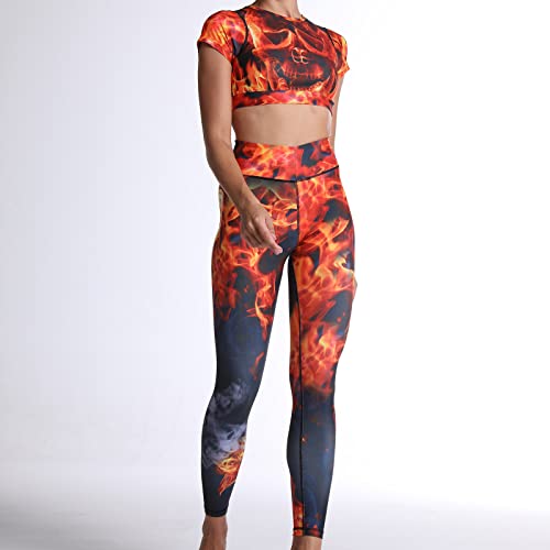 Calça feminina de ioga de cinco pontos com elástico cintura alta e bolso puro com blusa, Laranja, Sm