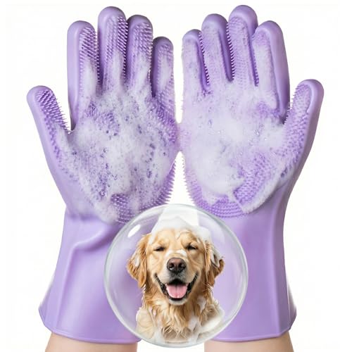 DELOMO Pet Grooming Gloves 1 Pair: Soft and Gentle Silicone Dog Washing Gloves - Bathing Scrubber Brush Mitt Grooming Shedding Fur Removal Massage for Dogs/Cats/Horse, Purple