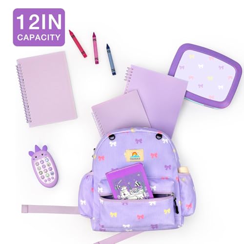 Image of STEAMEDBUN Corduroy Toddler Backpack for Girls 2-4: Kids backpack for Girls - 12 inch Preschool Kindergarten Backpacks - Purple Bow