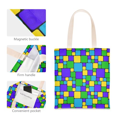 Colorful Squares Blue Green Small canvas tote bag for women with handles Reusable Tote Bag Canvas Totes for Daily Use Bolsa de lona4