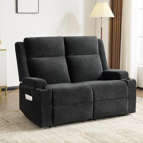 Loveseat Recliner Sofa, Double Recliner Loveseat with Adjustable Footrest & Cup Holder, Wall Hugger Sofa for Living Room & Home Theater & RV(Black)