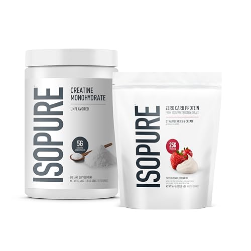 Image of Isopure Bundle of Zero Carb 100% Pure Whey Isolate Protein Powder, Strawberries & Cream, 25g Protein Per Serving, 1 Lb, 15 Servings + Isopure 100% Pure Creatine Monohydrate Powder, 100 Servings