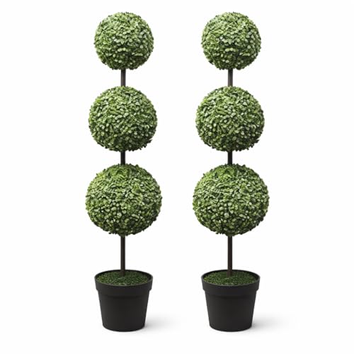 Metro Garden Floralcraft® Pair of Artificial Boxwood Topiary 3 Ball Trees in Weighted Black Pots – 118cm (4ft) Tall – Indoor & Outdoor