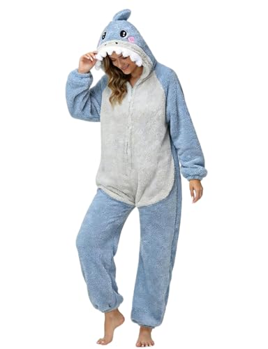 chuangminghangqi Pyjama Femme Combinaison Vêtements Grenouillère Femme en Polaire Unisexe Animal Costume Homewear Party Onesie(Requin,S)