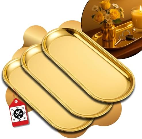 Kit 3 Bandejas Decorativas Douradas em Aço Inoxidável Espelhado, ...