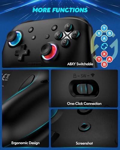 Switch Controller, Wireless Bluetooth Controller for Nintendo Switch 2/Switch/Lite/OLED, game controllers Compatible with iPhone/Mac/iPad/iOS/Android/Phone/PC/Steam and TV with Rotary Motors, RGB Hall Effect Joysticks/Macro Back Buttons/Turbo Modes/6-Axis/Motion/Wake up (Black)