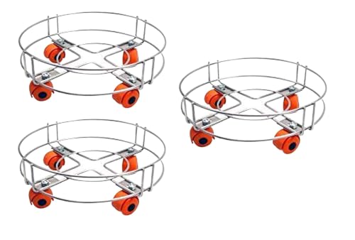 Image of Q13 Stainless Steel LPG Gas Cylinder Trolley with 4 Heavy Duty Wheels | Gas Cylinder Stand with Smooth Rolling Casters | Moving Trolley | Kitchen Cylinder Holder for LPG Gas (Silver) (Pack of 3)