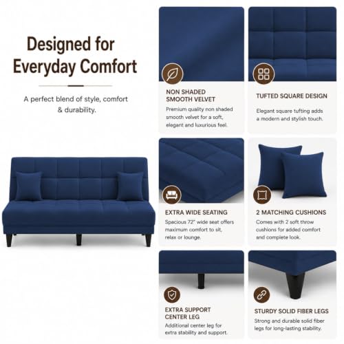 Image of Adorn India Alyssum 3 Seater Sofa Cum Bed 4X6 Velvet 2 Cushions (Color Blue) and Suitable for All Indoor, with 3 Years Warranty