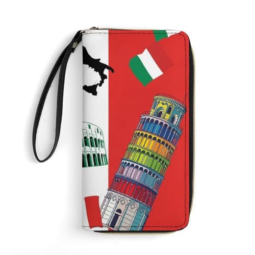 Women's Wallet Blocking Leather Zip Large Capacity Card Holder Purse Pisa Tower Italian Flag Clutch Wristlet Travel Long Purse