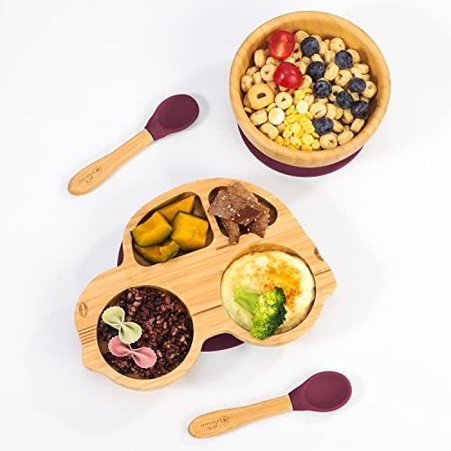 Vinsani Bamboo Car Plate Bowl and Spoon Set for Baby Toddler Kids...