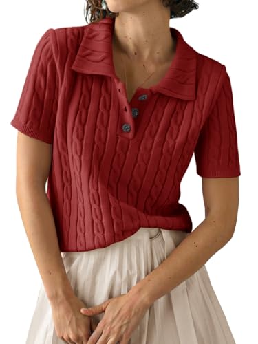 Image of Imily Bela Womens Polo V Neck Pullovers Lightweight Short Sleeve Cable Knit Sweater Business Casual Summer Tops 2025
