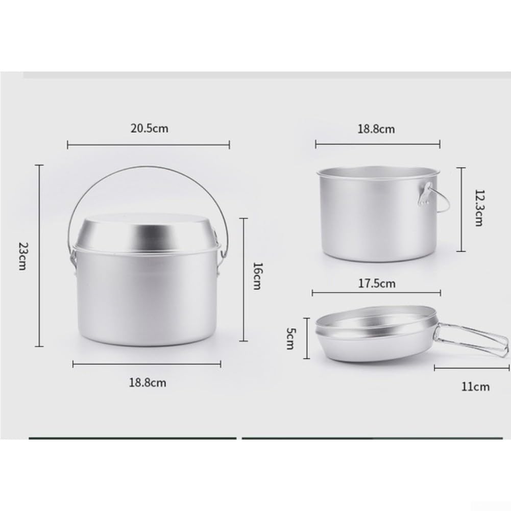 Set di pentole da campeggio in alluminio leggero, 3 pezzi, portatile, con manici pieghevoli, per escursioni