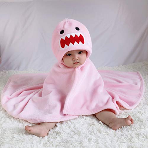 Image of TONWHAR 0-4 Years Toddlers' And Kids' Boys Girls Animal Face Hooded Blanket Baby's Bathrobe,Plush After Bath Blanket(Pink Shark)