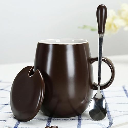 Zxyler 朝食用セラミックカップ コーヒー・ティー・ミルク・オートミールに対応 マグカップ本体 + 専用蓋 + スプーン付きセット 耐熱性にた食品級セラミック素材 使用後洗浄容易 家庭・オフィス・旅行用に最適