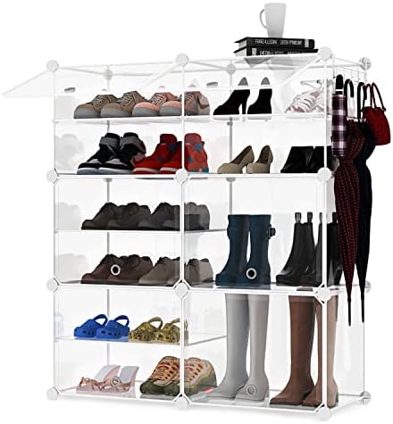 KUSARKO Shoe Rack Organizer, 6 Tier Shoes Storage Cabinet, 12 Pair Clear Plastic Shoe Expandable Organizer for Hallway Bedroom Entryway Heels Boots Sneaker, Stackable Shoe Box