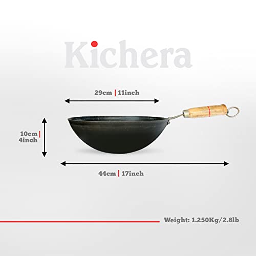 Image of Kichera 11 Inch Pre-Seasoned Iron Wok with Wooden Handle |Chinese Kadhai for Cooking & Deep Frying | Pure Iron Kadai Wok Fry Pan 29cm, 3.1Ltr, 1.2Kg| Gas Compatible | Round Base