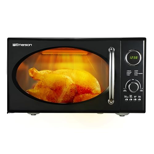 Image of Emerson MWRG0901BK Retro Compact Countertop 800W Microwave Oven with 1,000W Grill Function, LED Display, 5 Power Levels, 8 Auto Menus, Glass Turntable and Child Safe Lock, 0.9 Cu. Ft., Black