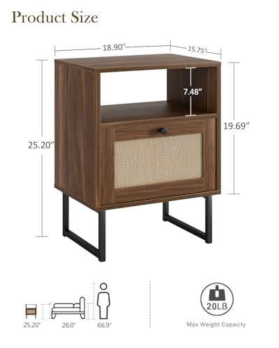 Image of Rattan Nightstand, Mid Century Modern Night Stand,Boho Farmhouse Wood Bedside Table with Storage and Open Shelf, End Side Accent Table for Bedroom,Living Room,Walnut