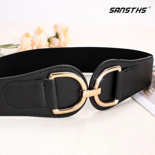 SANSTHS Vintage Women Stretchy Wide Belt Chunky Buckle Elastic Wide Waist Belts for Dresses Coats