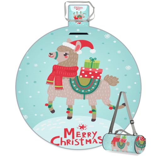 Shimoshe Christmas Alpaca Picnic Outdoor Blanket Foldable Waterproof Sandproof Beach Blanket Portable Water-Resistant Round Picnic Mat for Travel Camping Park Lawn