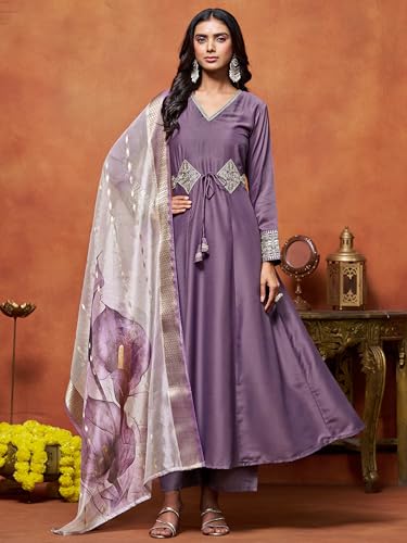 Image of EthnicJunction Women's Cotton Silk Embroidered Anarkali Kurta Palazzo with Digital Print Dupatta Set