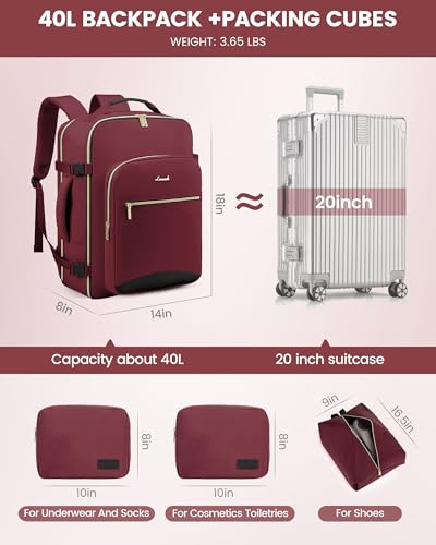 Image of LOVEVOOK 40L Travel Backpack Flight Approved Carry on Backpack,3 Packing Cubes,Waterproof Personal Item Travel Bag,TSA Carry on Luggage Suitcase Travel Essentials,Gifts for Women & Men,fits 17 inch Laptop
