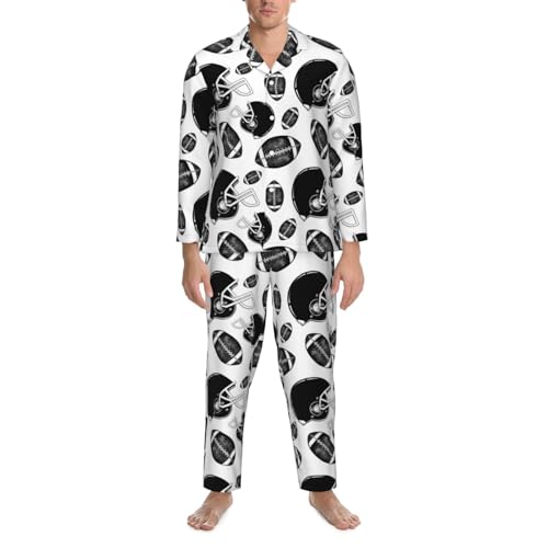 Black And White American Football Mens Pajamas Set Button Down Sleepwear Set Long Sleeve Loungewear With Pockets