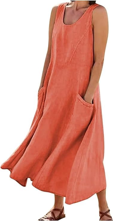 Image of Apvirdy Linen Dress for Women Summer Sleeveless Solid Casual Baggy Flowy Maxi Dresses with Pockets