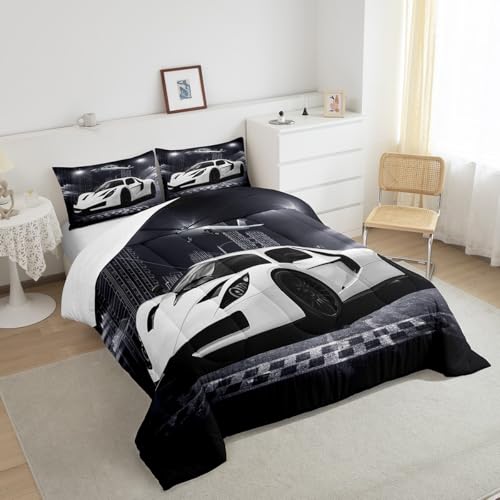 Image of Feelyou Race car Airplane Comforter Set Black Grey White Speed Sports Car Bedding Set for Kids Teens Racing Car Comforter Extreme Sports Duvet Set Decor Quilt 3Pcs King Size Boys