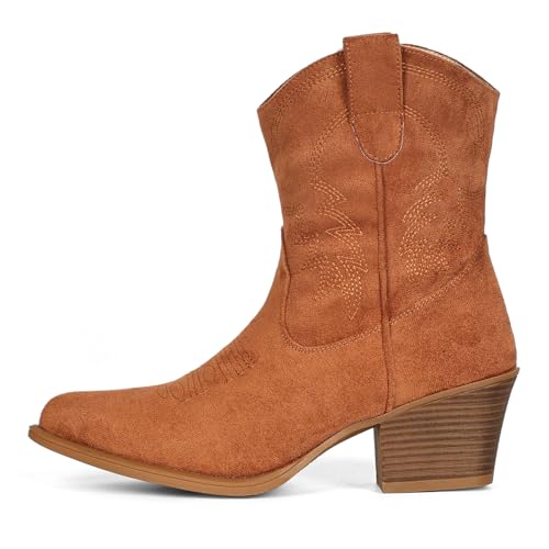 Image of IXU Cowboy Boots for Women Ankle Cowgirl Booties Wide Mid Calf Pointed Toe Western Boots Short Chunky Classic Booties
