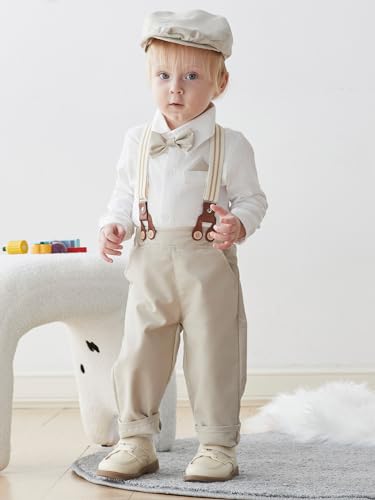 Image of SALNIER Baby Boy Suit Set Infant Formal Outfit Tuxedo | Soft Cotton Shirt Suspenders Pants Bow Tie Beret Hat 5pcs Set, For Wedding Baptism Birthday Party