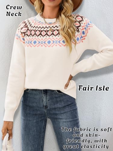 Fair Isle Pullover Sweaters, Crew Neck Chunky Knit, Winter Clothing Holiday, Vintage Crochet Fall Tops for Women2