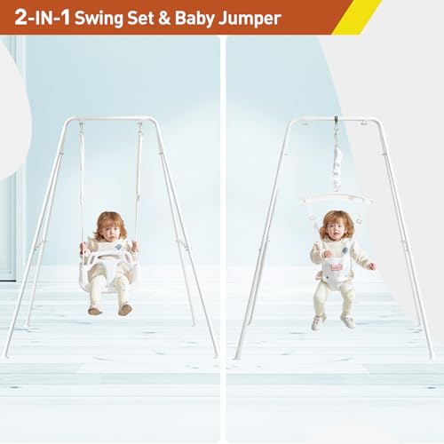 Image of FUNLIO 2 in 1 Swing Set for Toddler & Baby Jumper, Heavy Duty Kids Swing & Bouncer with 4 Sandbags, Foldable Metal Stand for Indoor /Outdoor Play, Easy to Assemble and Store - White