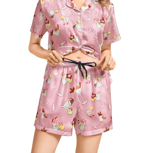Image of Funny Pajamas for Women Set Print Satin Loungewear Pjs Short Sleeve Button Down Top and Shorts Sets Sleepwear XS-3XL