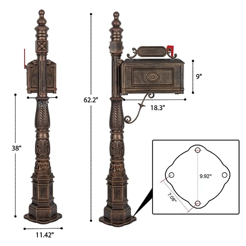 Heavy Duty Mailbox Classic Decorative Cast Aluminum Mail Box Postal Vertical Pedestal (Bronze)