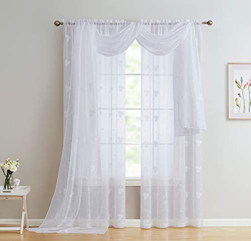 Hlc.me Allegra Floral Embroidered Sheer Voile Light Filtering Window Curtain Valance Scarf - 38 X 216 Inch Long (White) #TOP1