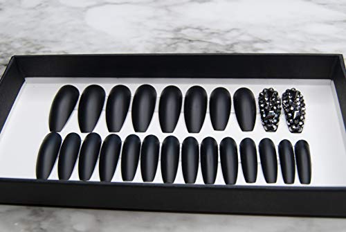 IMPRESSED Luxury Press on Nails 24 pcs Long Fake Coffin Nail Tips Matte Black Rhinestone Design False Nails with Adhesive Nail Glue Tabs (Matte black) - Thumbnail 4