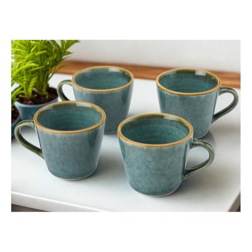 Image of Bodhi House Handmade Reactive Glaze Ceramic Tea Cup Set of 4 Pieces (175 Ml), Stoneware Coffee Mug, Microwave Safe Small Tea Cup, Ideal for Daily use, Casual Gatherings and Gifting, Ocean Green