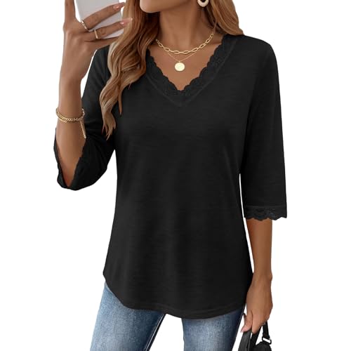 AIZHINENG Womens Tops 3-4 Length Sleeve Lace V Neck T-shirt Dressy Casual Blouses Summer Outfits Beach Vacation Tunic Blouses Black