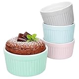 MamboCat Emilia 4er Set Soufflé Förmchen I 125ml, Ø8,8cm I je 1x rosa, türkis-blau, hellblau & grau I Porzellan Mini Backformen rund I für Crème Brûlée, Cupcakes, kleine Aufläufe & Dessert