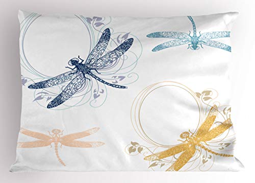 Ambesonne Dragonfly Pillow Sham, Floral Spring Bugs Wings With Flower Petals Animal Nature Themed Motif, Decorative Standard King Size Printed Pillowcase, 36" X 20", Yellow Blue #TOP13
