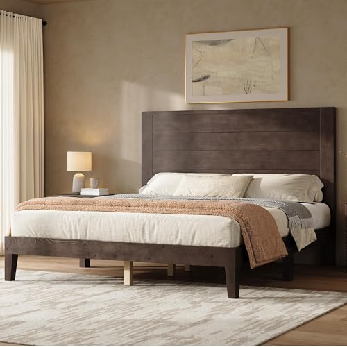 Image of AMERLIFE Queen Size Bed Frame with 48 inch Tall Headboard, Mid Century Modern Solid Wood Platform Bed with Silent Wood Slat System, No Box Spring Needed, Under-Bed Storage, Dark Walnut